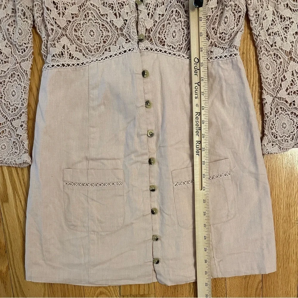Free People Shrimpton Crochet Lace Mini Dress Pink Sz S bell sleeves boho hippie - Picture 7 of 10